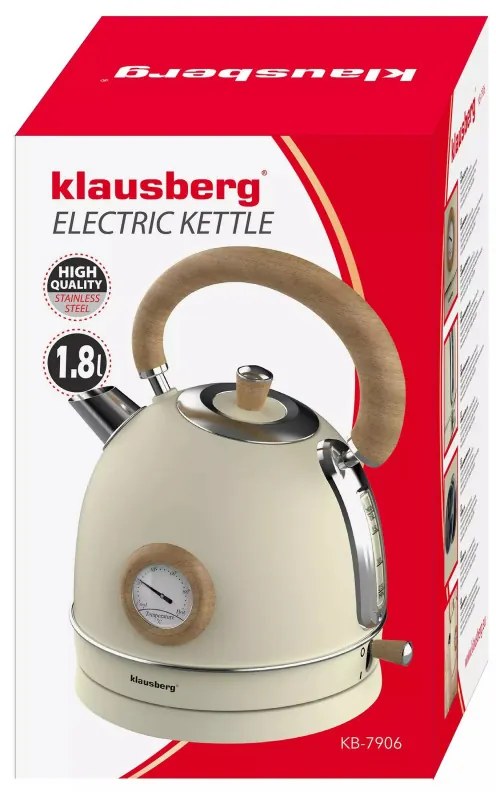Електрическа кана с термометър Klausberg KB 7906, 2200W, 1.8 л, Индикатор за нивото на водата, Защита от прегряване, Крема