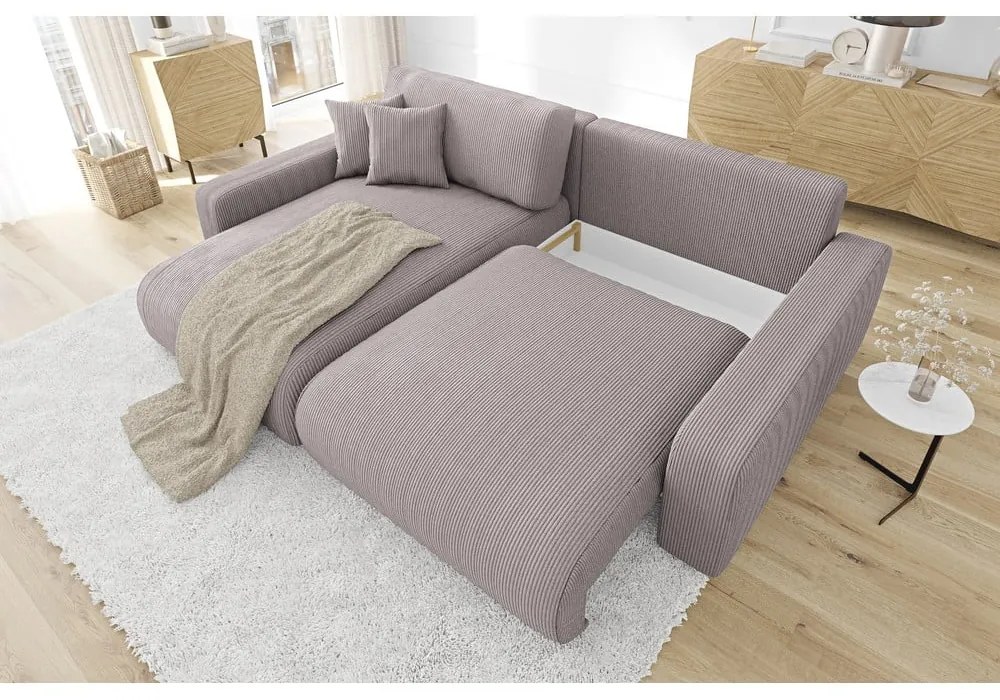 Светлорозов разтегателен ъглов диван от рипсено кадифе (променлив) Sara – Ropez