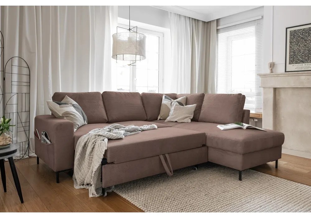 Кафяв разтегателен ъглов диван от рипсено кадифе (десен ъгъл) Lofty Lilly – Miuform