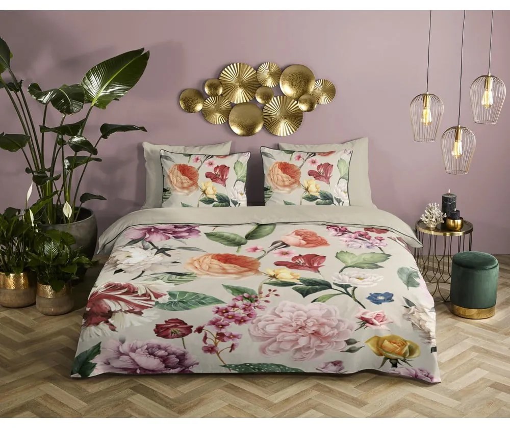 Бежово двойно удължено спално бельо от памучен сатен 200x220 cm Fiori – Descanso