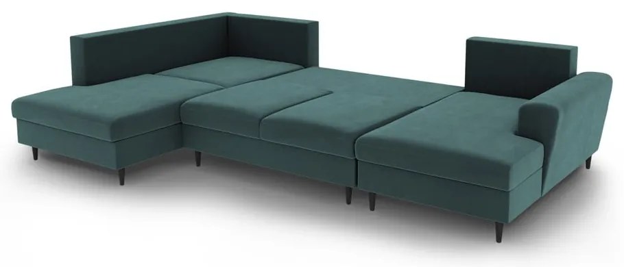 Кадифен разтегателен ъглов диван с място за съхранение в петролен цвят (ляв ъгъл/U форма) Kyoto – Cosmopolitan Design