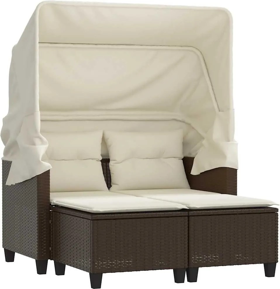 365782 vidaXL 2-местен градински диван със сенник и табуретки кафяв полиратан