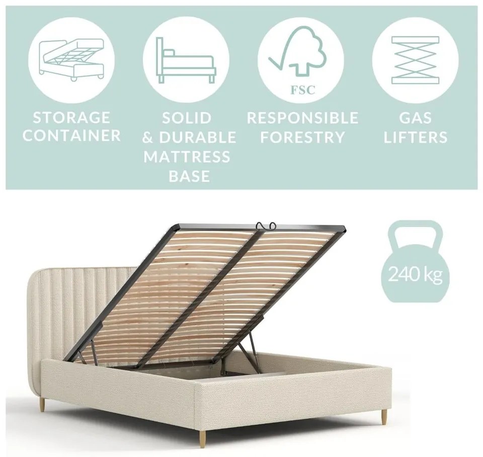 Бежово единично легло 120x200 cm тапицирано с място за съхранение с включена подматрачна рамка Noto – Maison de Rêve