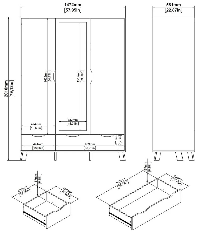 Гардероб от дъбов декор с огледало в бял и естествен цвят 147x201x58 cm Ikast – Tvilum