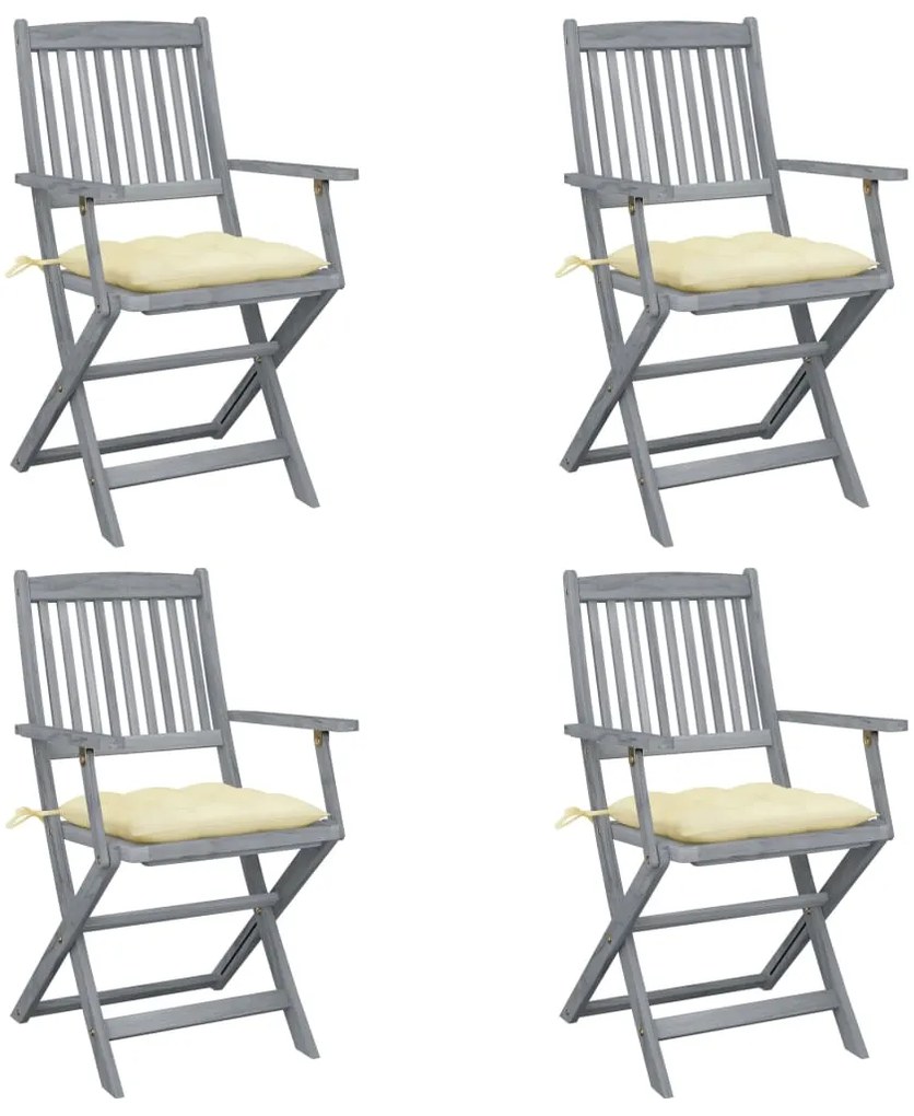 3064526 vidaXL Сгъваеми градински столове, 4 бр, с възглавници, акация масив