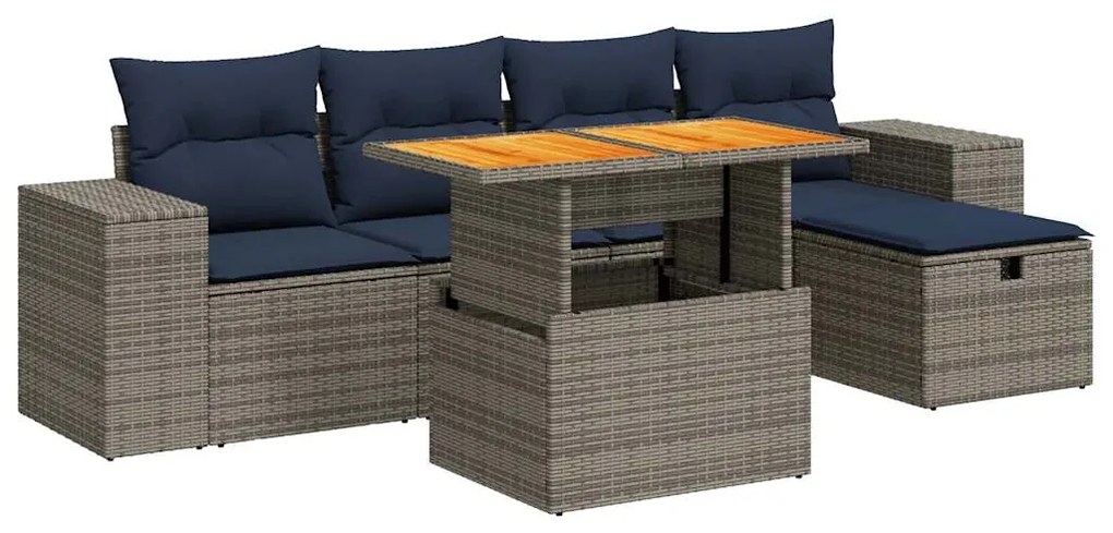 3328083 vidaXL Градински диван с възглавници, 6 части, черен полиратан, акация