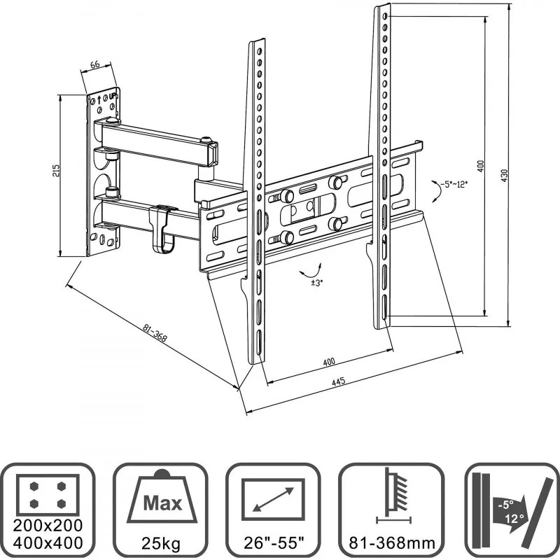 Стойка за телевизор X-TREMER 3255TS, За стена, 32" до 55", Макс 25 кг, Vesa 400x400, Черен