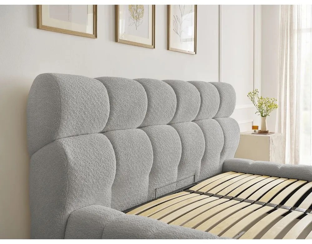 Светлосиво двойно тапицирано легло с място за съхранение с включена подматрачна рамка 160x200 cm Mont Blanc – Bobochic Paris