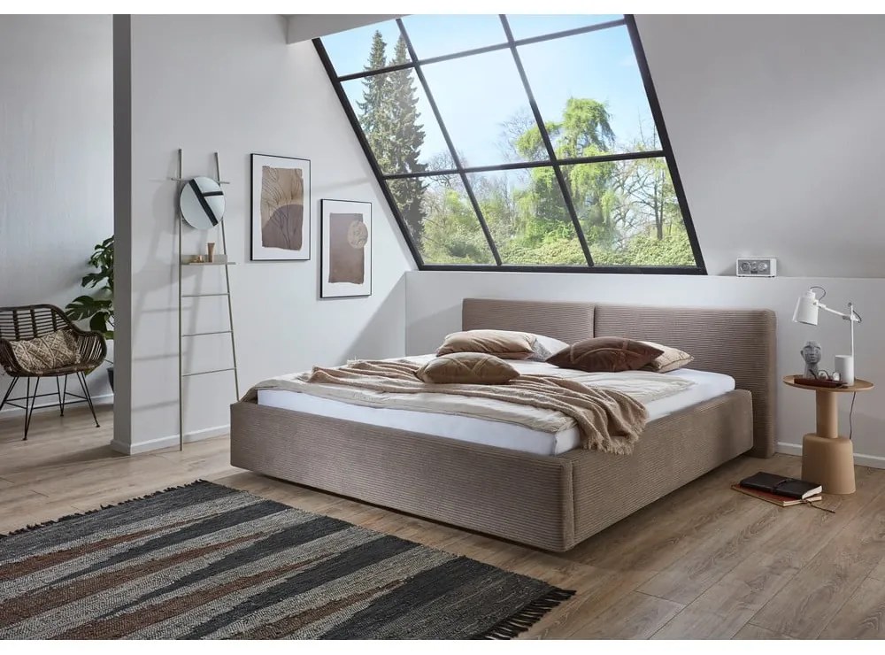 Светлокафяво двойно легло 180x200 cm тапицирано с място за съхранение с включена подматрачна рамка Cube – Meise Möbel