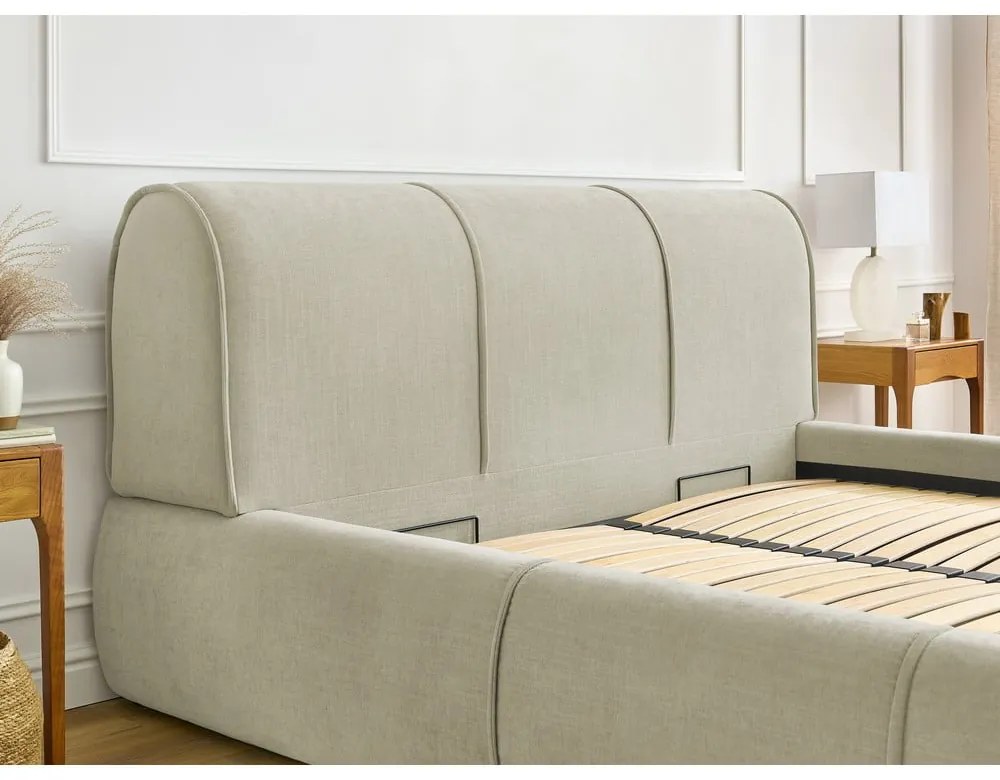 Бежово тапицирано двойно легло с място за съхранение с решетка 180x200 cm Vernon - Bobochic Paris