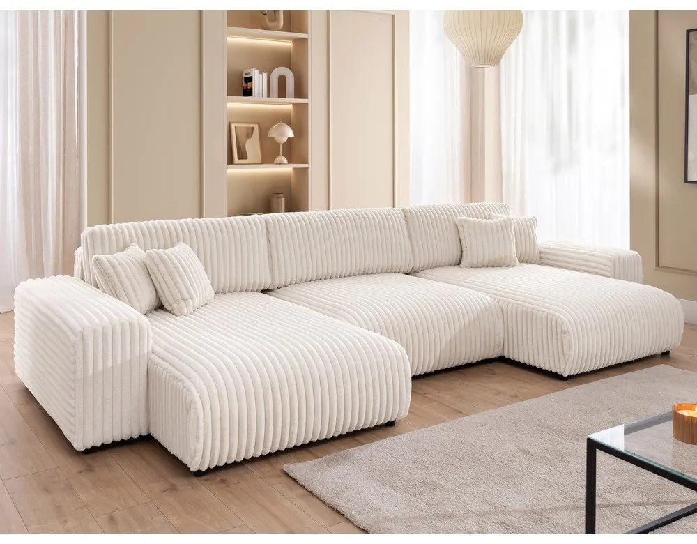 Кремав сгъваем/с място за съхранение ъглов диван от рипсено кадифе (U форма) Sarina – Ropez