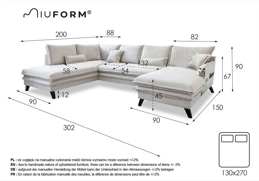 Сив U-образен разтегателен диван, ляв ъгъл Charming Charlie - Miuform