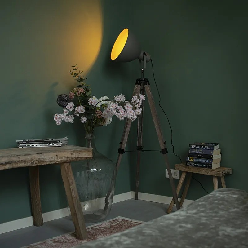 Индустриална подова лампа на дървен триножник с сива абажура - Laos
