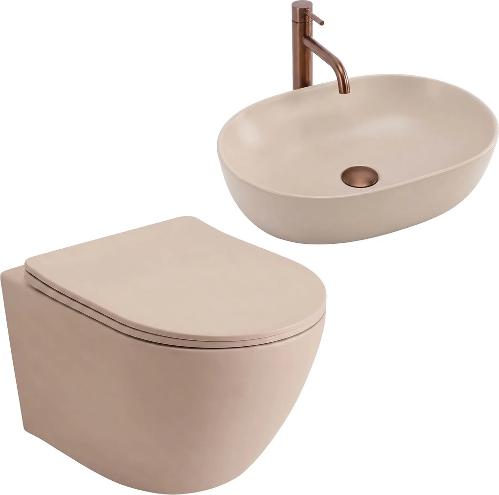 Комплект Конзолна WC Чиния Focus + Умивалник за Плот Rea Focus Taupe