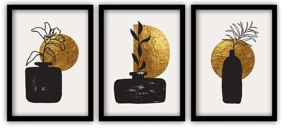 Комплект от 3 картини в черна позлатена рамка, 35 x 45 cm - Vavien Artwork