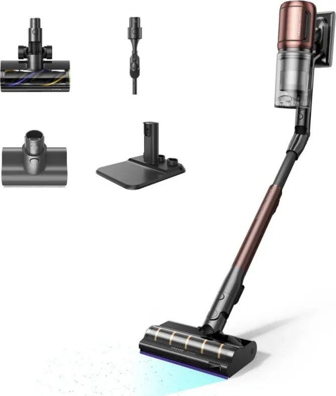 Вертикална прахосмукачка Dreame Essential V30 VVV17B, 880W, 30000 Pa, 90 мин, 0.6 л, HEPA H14, OmniX™ 2.0, Разпознаване на замърсявания, Сгъваема, Черен/бронз