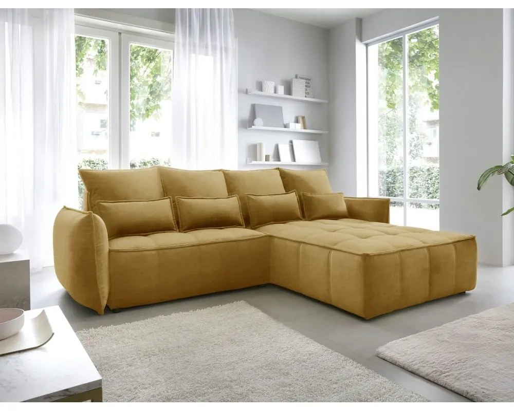 Жълт кадифен разтегателен ъглов диван с място за съхранение (десен ъгъл) Campo – ELTAP