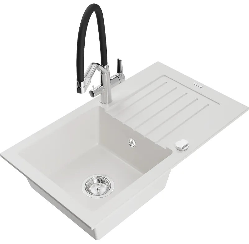 Mexen Pablo гранитна мивка с 1 отделение и отцедник с кухненски смесител Duo, бял - 6510-20-671701-07