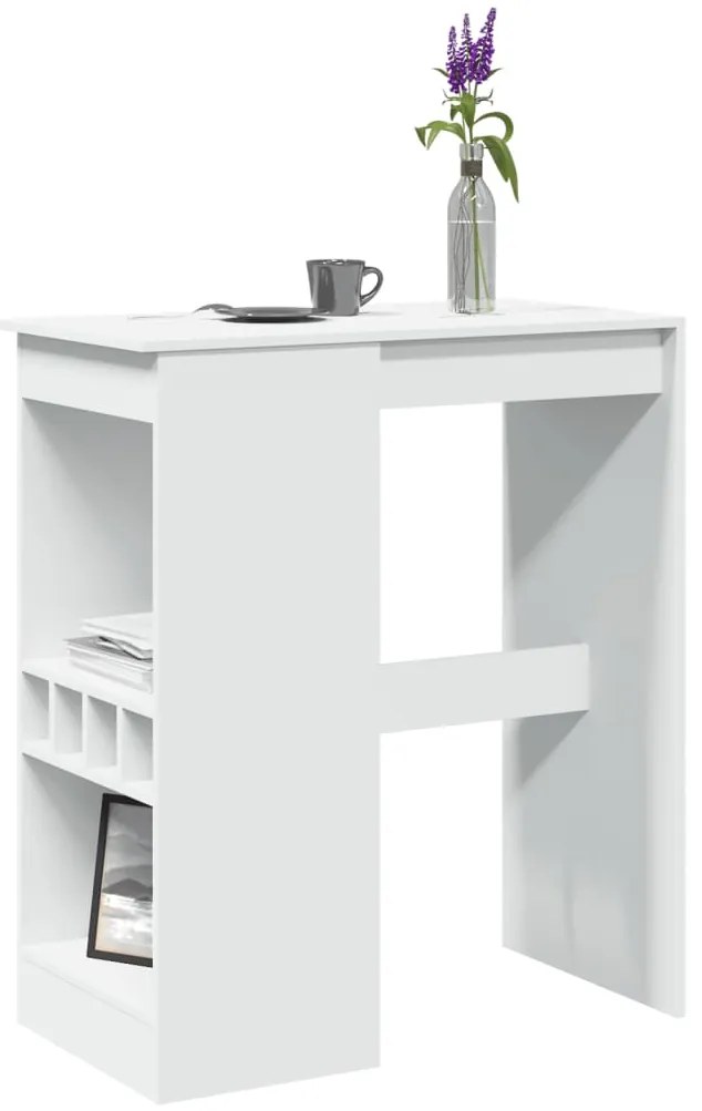 854337 vidaXL Бар маса с рафтове, бяла, 90x47,5x103,5 см, инженерно дърво