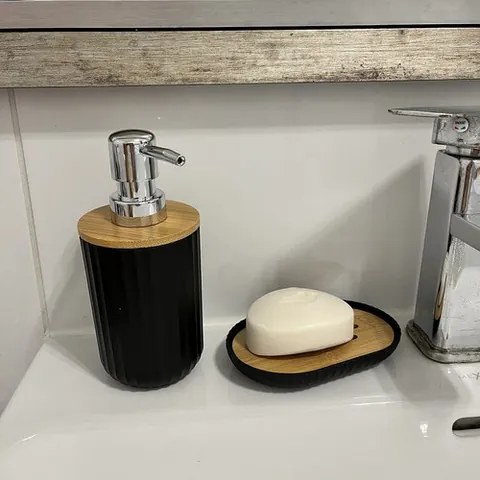 Комплект аксесоари за баня Ruhhy 24636, 6 части с бамбукови детайли, черен