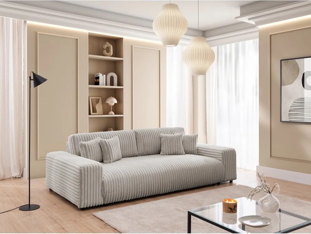 Светлосив разтегателен диван с място за съхранение от рипсено кадифе 260 cm Justin – Ropez