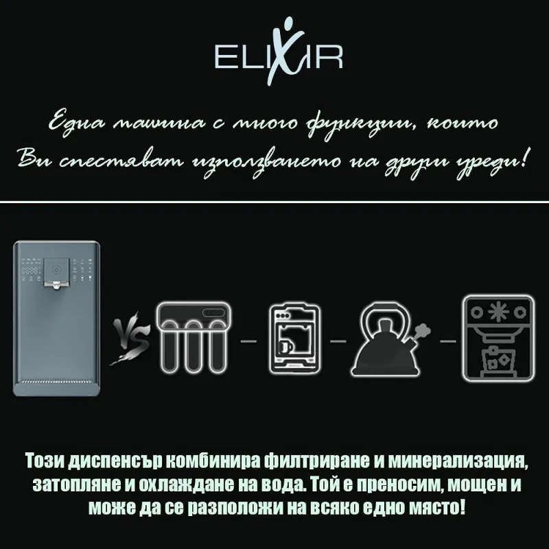 Диспенсър за вода ELIXIR Pro Plus, 2200W, Затопляне 18 л/ч, 42-90°C, UVC стерилизация, Дисплей, Многостепенна филтрация, Компресорен, Сиво-син/графит