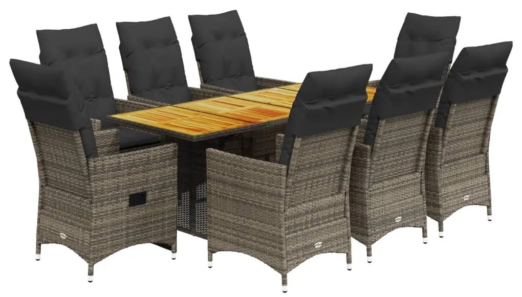 3276734 vidaXL Градински трапезен комплект 9 части с възглавници сив полиратан