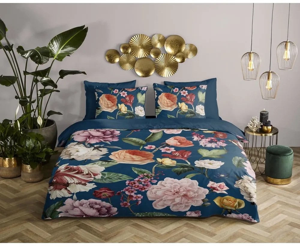 Тъмносиньо единично удължено спално бельо от памучен сатен 140x220 cm Fiori – Descanso