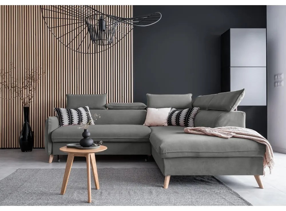 Ъглов разтегателен диван от светлосиво кадифе (десен ъгъл) Sweet Harmony - Miuform