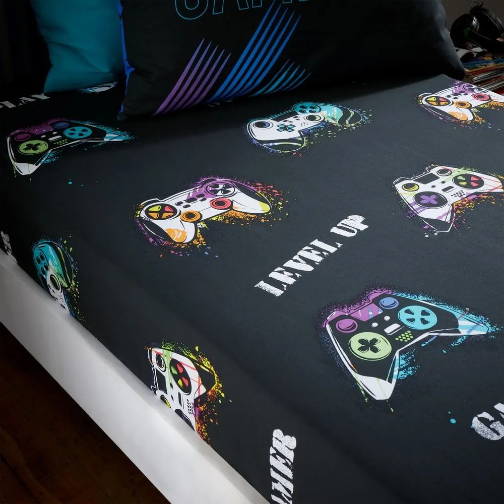 Черен еластичен единичен детски чаршаф 90x190 cm Game Over – Catherine Lansfield
