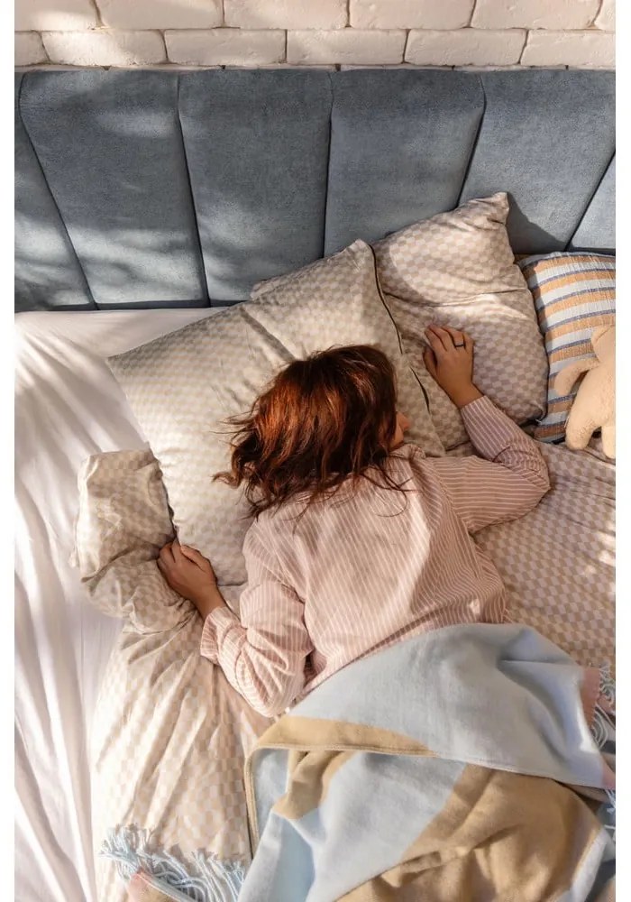 Синьо тапицирано двойно легло с място за съхранение и включена подматрачна рамка 180x200 cm Thessa Bold Line – Bonami Selection