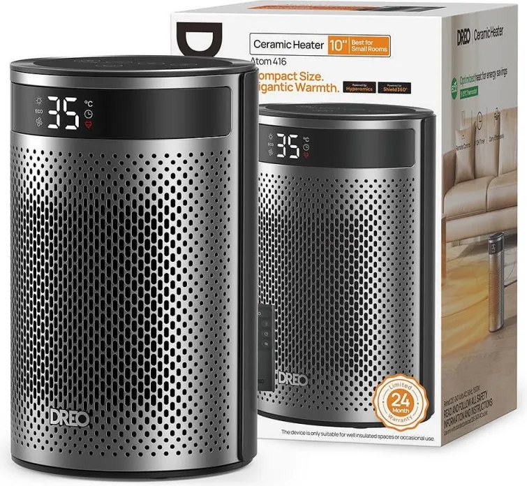 Вентилаторна печка DREO Atom 416, 1500 W, До 20 м2, 5 режима, HeatShield360, Таймер, Сив/Черен