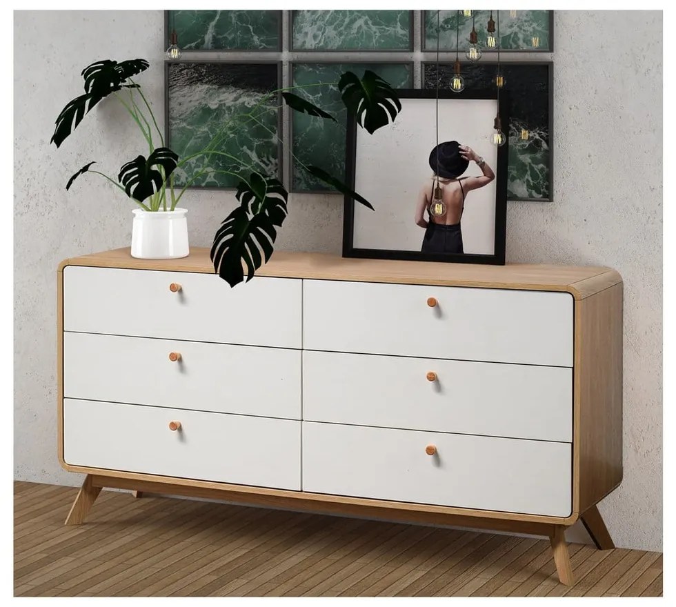 Бяло-естествен нисък скрин от декор от дъб 150x74 cm Caitlin – Støraa