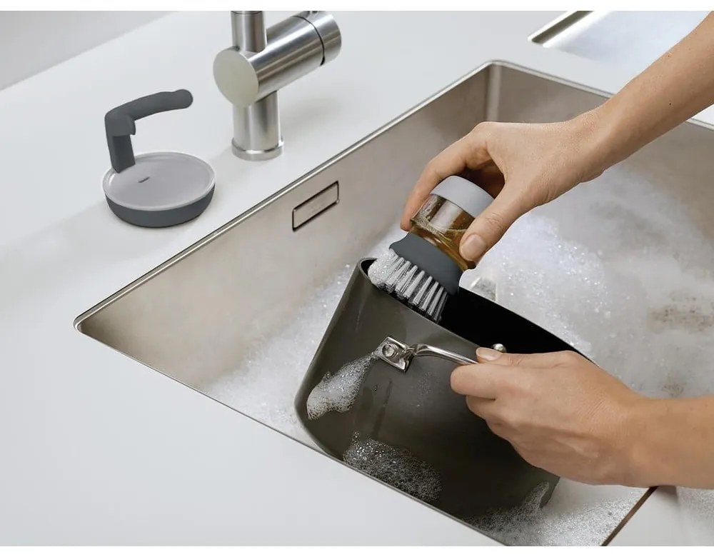 Сива четка с дозатор и стойка Palm Scrub - Joseph Joseph