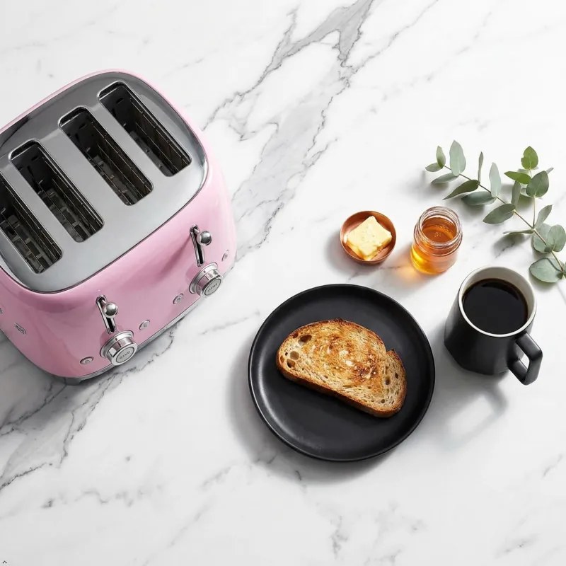 Тостер за хляб SMEG 50's Style TSF03PKEU, 2000W, 4 филии, 6 нива, Тавичка за трохи, Вграден кабел, Неръждаема стомана, Розов