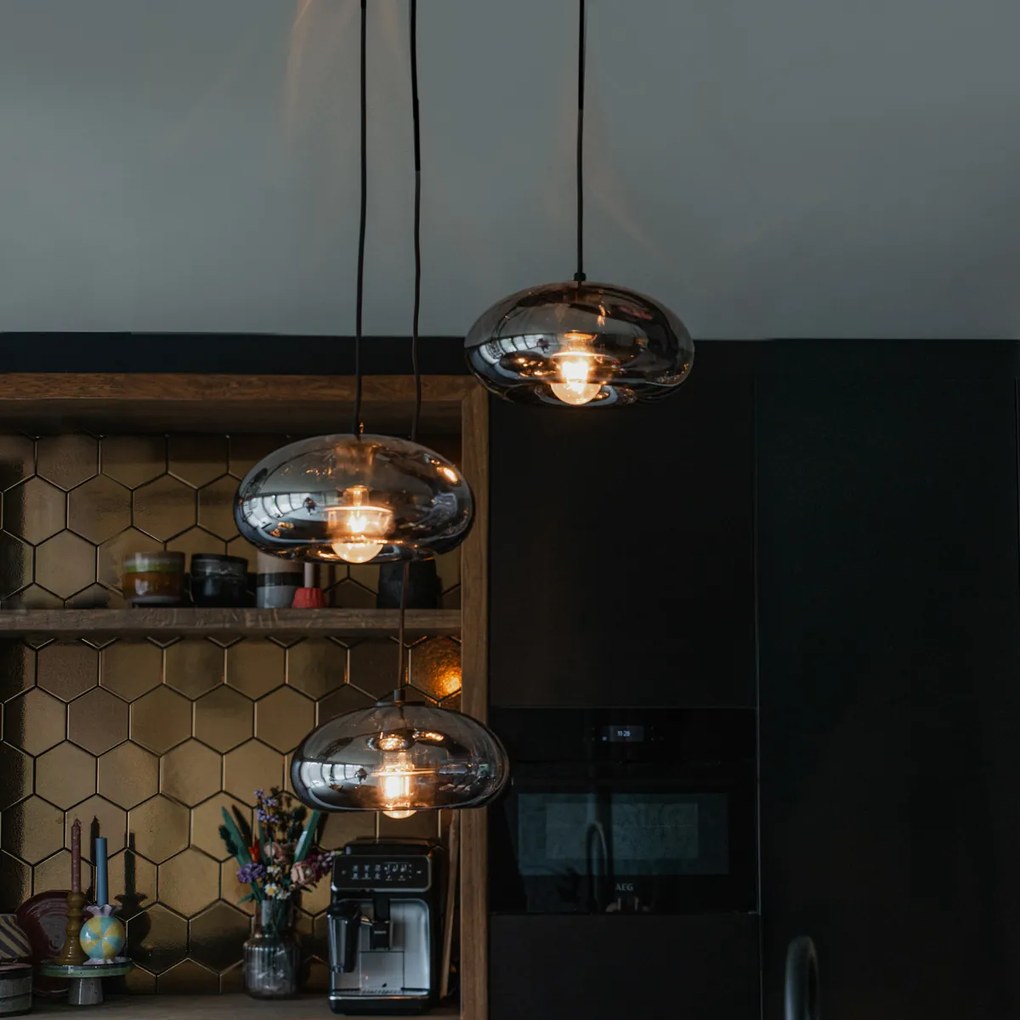 Висяща лампа в стил Арт Деко черна с димно стъкло кръгла 3-светлина - Ayesha