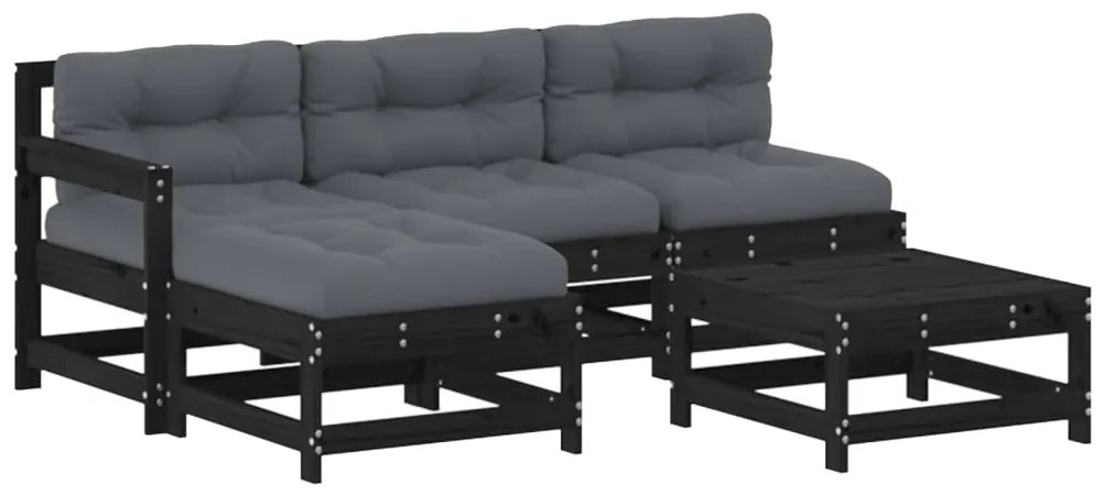 3186064 vidaXL Градински комплект с възглавници, 5 части, черен, дърво масив