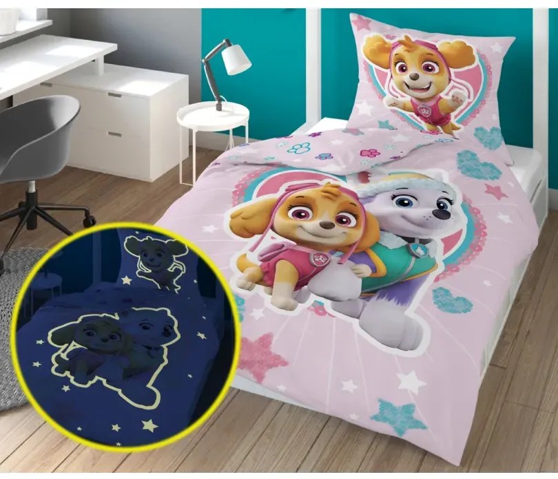 Памучен чаршаф, светещ в тъмното - PAW PATROL розово 2 части: 1 бр. 140x200 + 1 бр. 70x80