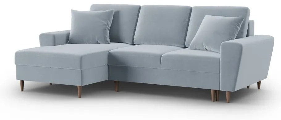 Светлосин кадифен разтегателен ъглов диван с място за съхранение (ляв ъгъл) Kyoto – Cosmopolitan Design