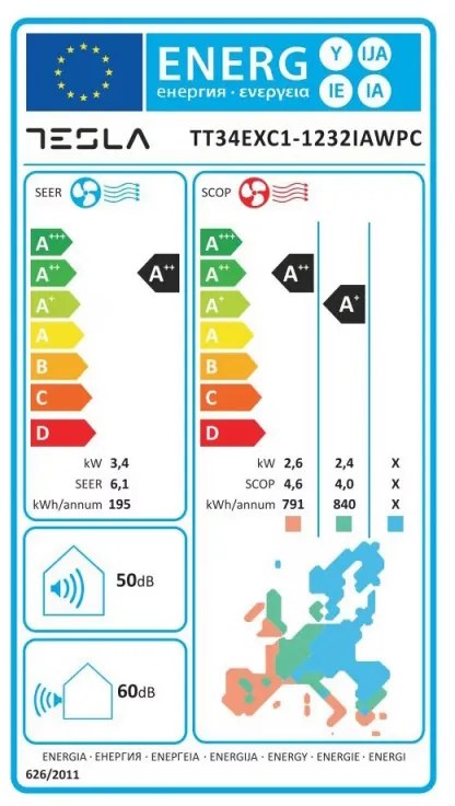 Инверторен климатик Tesla TT34EXC1-1232IAW, Клас A++/A+, 12 000 BTU, Турбо, WiFi, I Feel, Самопочистване, Миещ се филтър, Бял