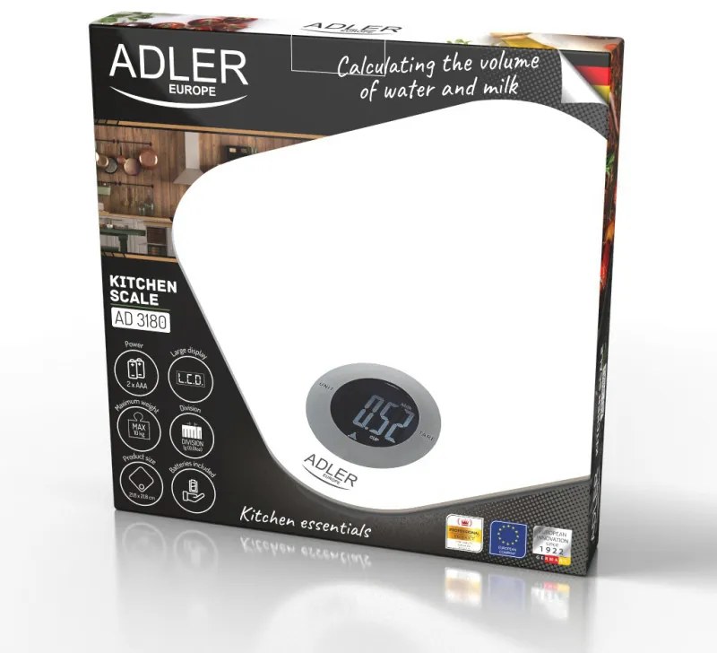 Кухненска везна Adler AD 3180, До 10 кг, Измерване на течности, ТАРА, LCD дисплей, 2 x AAA, Бял