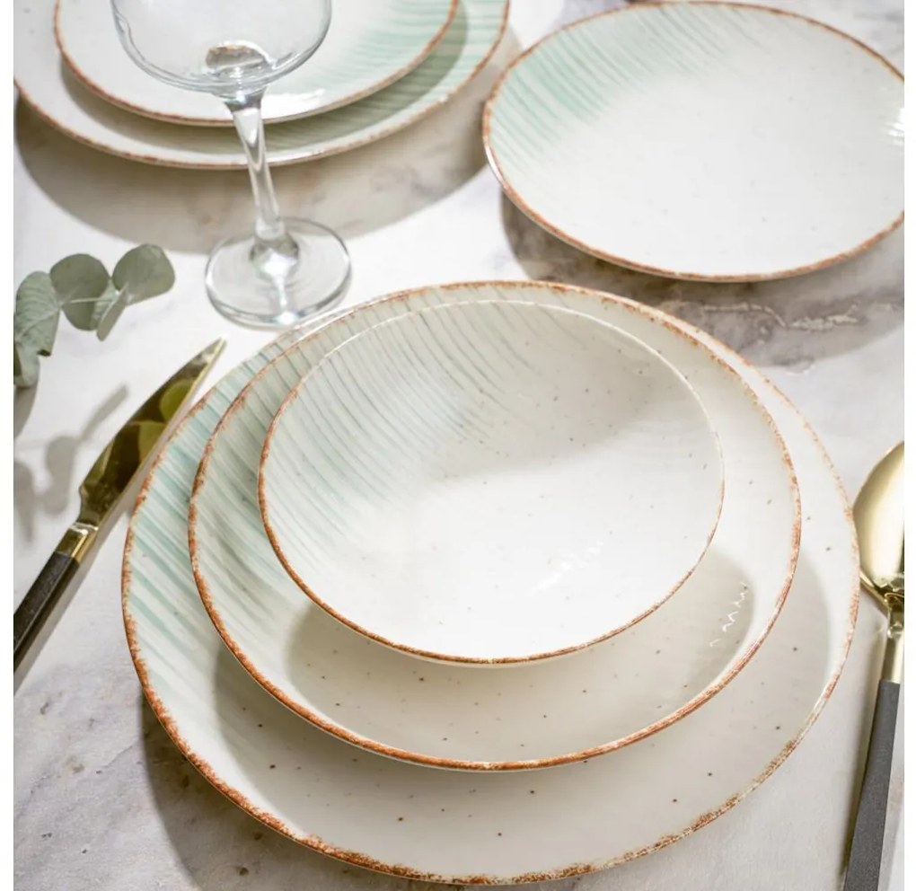 Комплект за хранене от 24 части — бял/зелен, порцелан