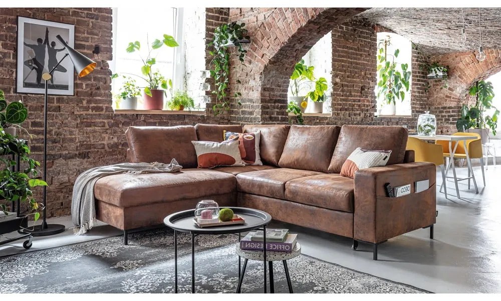 Кафяв разтегателен ъглов диван от изкуствена кожа (ляв ъгъл) Lofty Lilly – Miuform