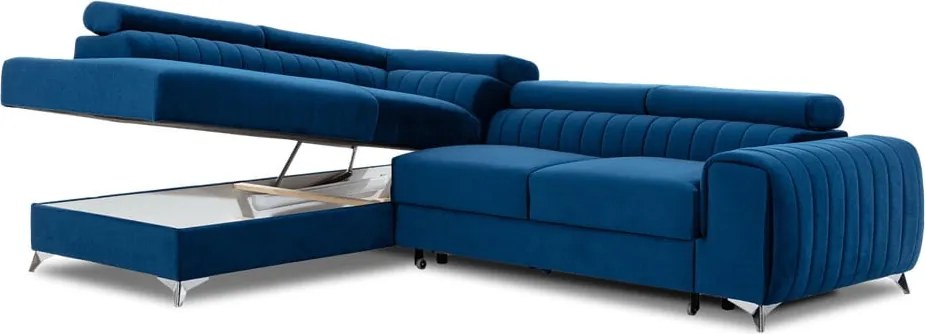 Син кадифен разтегателен ъглов диван с място за съхранение (ляв ъгъл L форма) Laurence – ELTAP