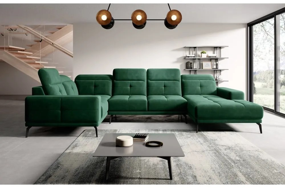 Зелен кадифен ъглов диван (ляв ъгъл/U форма) Neviro – ELTAP