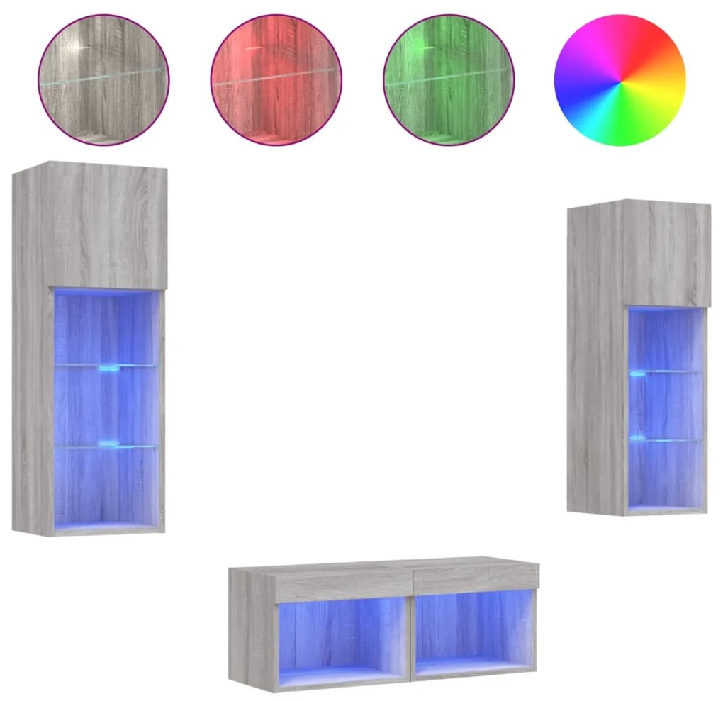 3216581 vidaXL ТВ стенни шкафове, 4 части, с LED светлини, сив сонома
