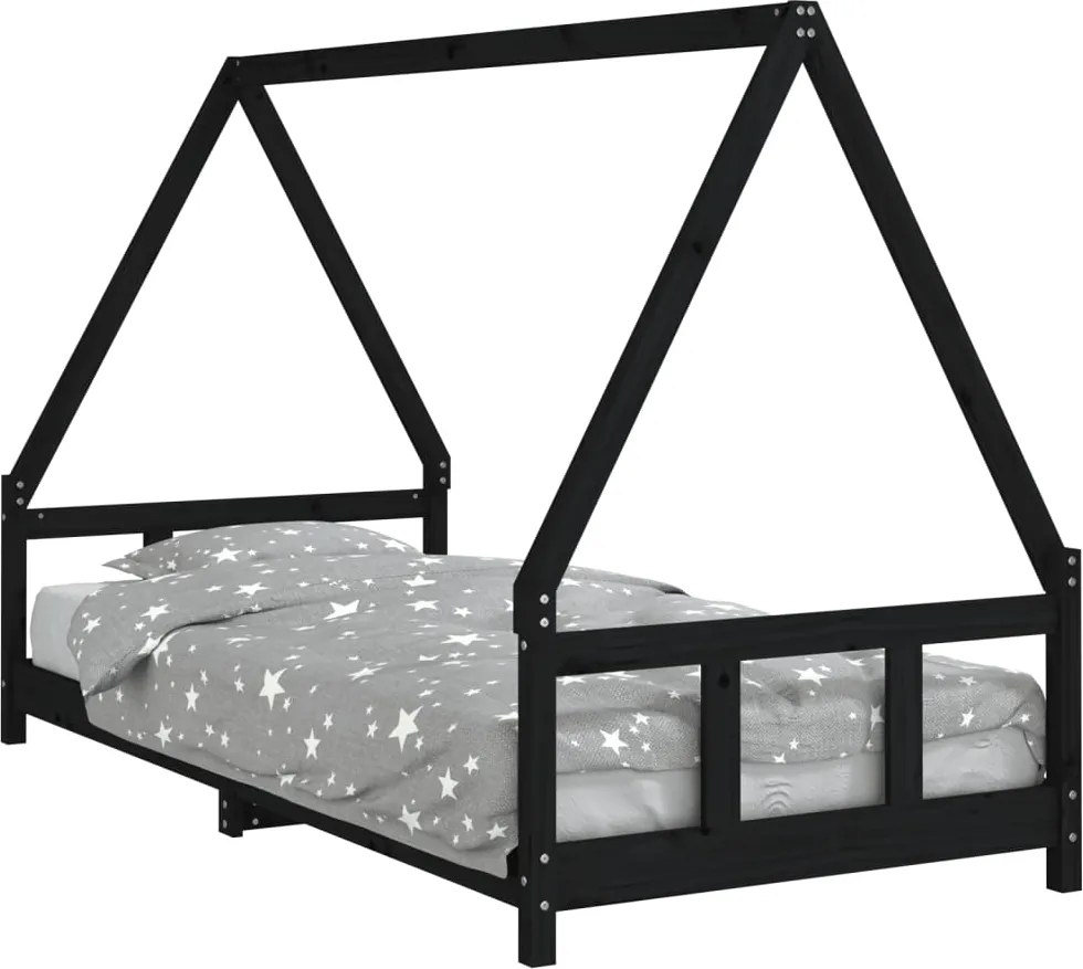 834455 vidaXL Рамка за детско легло, черна, 90x200 см, масивно борово дърво