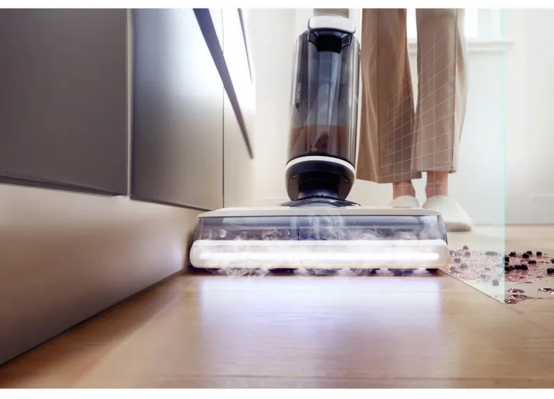 Вертикална прахосмукачка Tineco Floor One S7 Steam Plus 4В1, 240W, Сухо/Мокро, 0.7 л мръсна/0.8 л чиста, LED екран и осветление, Пара + сушене, Бял/черен