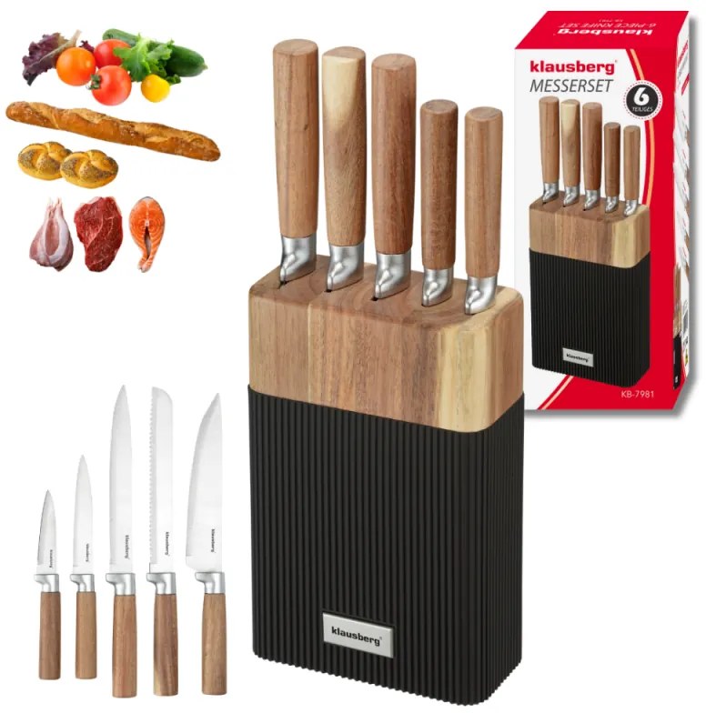 Комплект ножове Klausberg KB 7981, 6 части, Неръждаема стомана, Стойка, Кафяв/графит