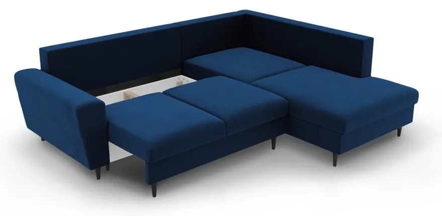 Син кадифен разтегателен ъглов диван с място за съхранение (десен ъгъл/L форма) Kyoto – Cosmopolitan Design